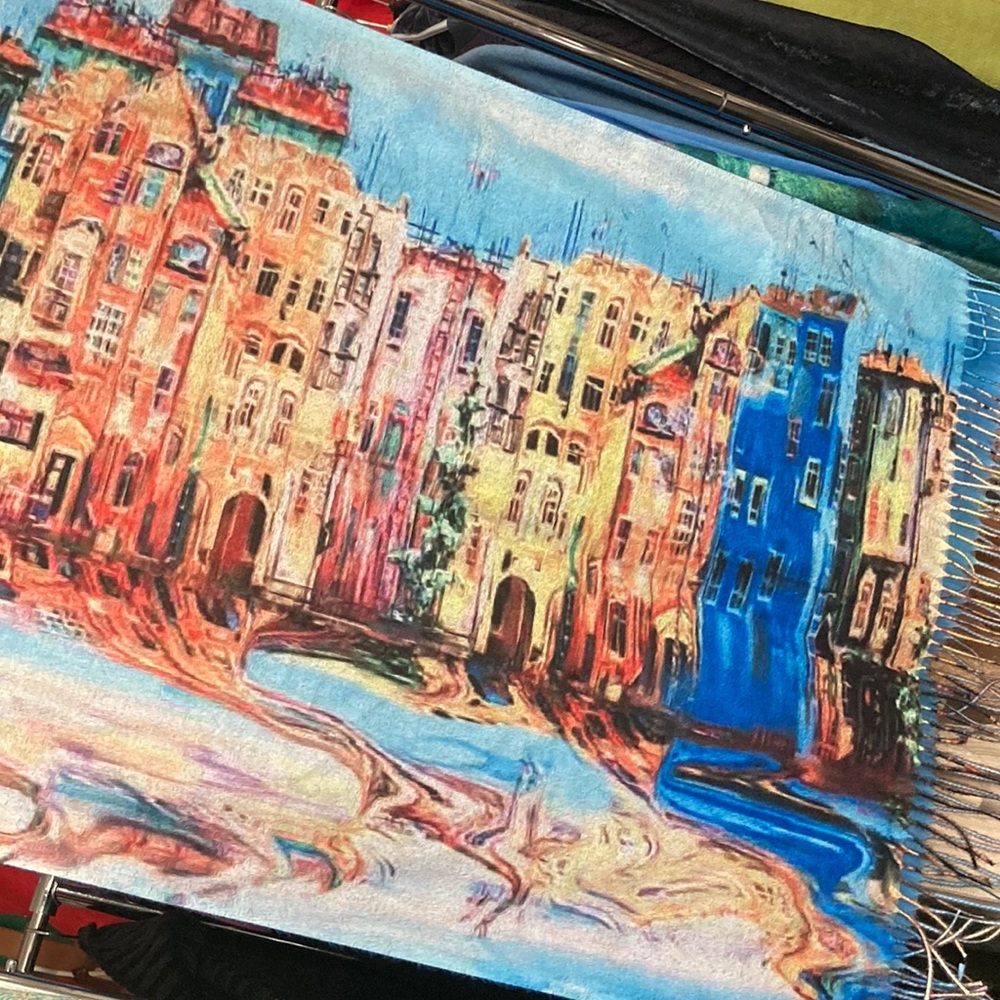 Piece of Art Scarf Wrap of European-Like Buildings Print Fringed